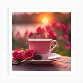 Roses And Coffee At Sunset Art Print