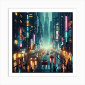 A Cyberpunk City Street with Neon Lights and People Crossing the Road in the Rain Art Print