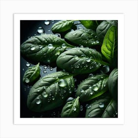 Water Drops On Basil Leaves Art Print