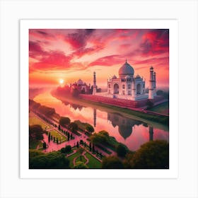 Sunrise Over Taj Mahal In Agra Art Print