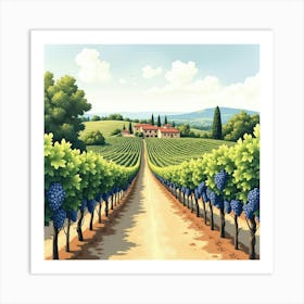 Tranquil Watercolor Scene Of A Tuscan Vineyard With Ripe Grapes And Old Farmhouses 1 Art Print