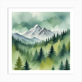 Mountain And Forest In Minimalist Watercolor Horizontal Composition Art Print 1 Art Print