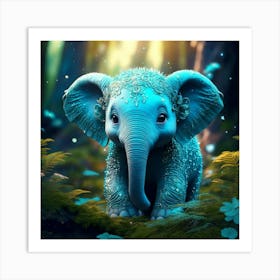 Firefly Adorable Turquoise Baby Elephant In Fantasy Forest 76536 (2) Art Print