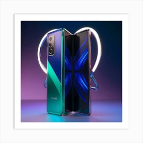 A Highly Detailed, Futuristic 3d Rendered Depiction Of A Sleek Mobile Phone, Showcasing A Vibrant, Electric Blue And Neon Green Color Scheme With Metallic Accents, Set Against A Dark, Gradient Purple Background   Art Print