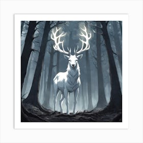 A White Stag In A Fog Forest In Minimalist Style Square Composition 27 Art Print