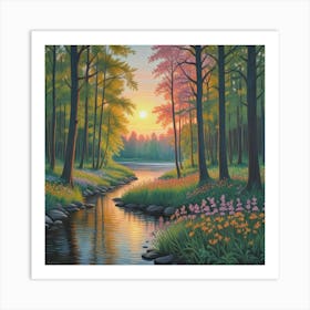 Sunset Serenity Blossoms By The Tranquil Stream (7) Art Print