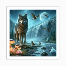 Wolf on the Mushroom Riverbank Art Print