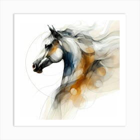 Creative Horse Head In Lines And Circles With Color Accents Ink Drawing Art Print