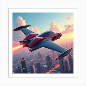 Elegant Flying Car With Futuristic Wings, Soaring Over Vibrant City Skyline 1 Art Print