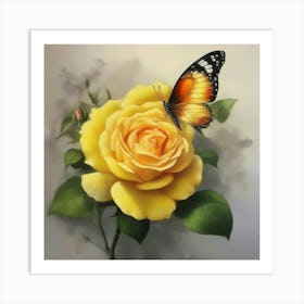 Yellow Rose With Butterfly 1 Art Print