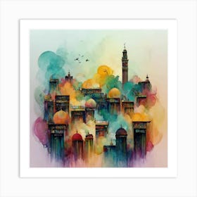 Islamic City, Abstract Watercolor City Art Print