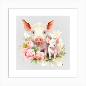 Watercolor Spring Mama And Baby Pigs Art Print