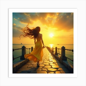 Girl Walking On A Pier At Sunset Art Print