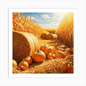 Autumn Harvest Scene Featuring Oversized Pumpkins Nestled Among Stalks Of Sunlit Corn Bales Of Hay (4) Art Print