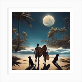 Woman And Man, Dogs Full Moon, Sandy Parking Lot, Surfboards, Palm Trees, Beach, Whitewater, Surfers Art Print