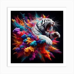 White Tiger With Colorful Smoke 1 Art Print