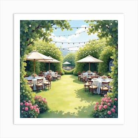 French Garden Party In Watercolor With String Lights And Festive Decorations 1 Art Print