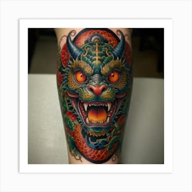 Neo oriental tattoo style dragon with a daruma and a kappa zxx Art Print