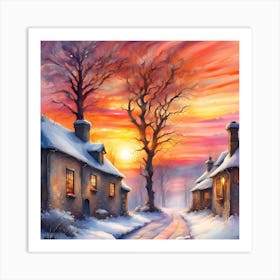 Winter Village At Sunset Art Print