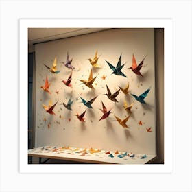 Colorful Origami Birds In Various Sizes And Colors Displayed On A White Wall With Smaller Pieces Scattered Below, Resembling A Flock In Flight Art Print