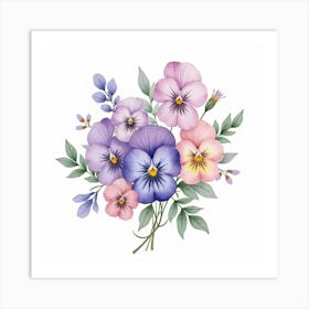 A Watercolor Bouquet Of Violets And Pansies In Soft Shades Art Print