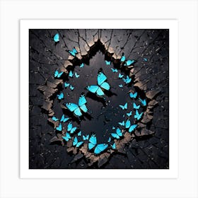 Blue Butterflies, Blue Butterflies In A Brick Wall, Butterflies Emerging From A Cracked Dark Wall Representing Transformation And Hope Art Print