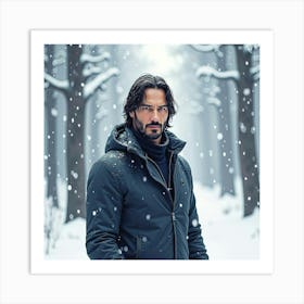 Watercolor Scene Of Keanu Reeves In A Snowy Forest With Soft Falling Snow Art Print