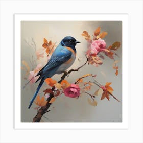 Blue Bird With Roses Art Print