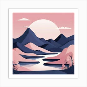 Default Minimal Landscape Pink And Navy Blue 01 Art Print 3 Art Print