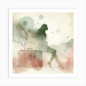 Watercolor Girl With Suitcase Art Print