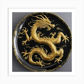 Plato Negro Oriental Con Dragon Dorado Art Print