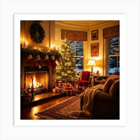 A Cozy Winter Evening By A Roaring Fireplace An Ornately Decorated Christmas Tree Situated In The C (2) Art Print