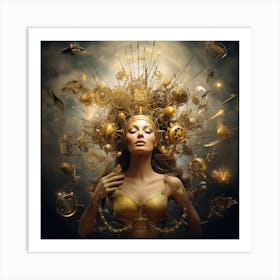 Golden Woman With Clocks On Her Head 1 Art Print