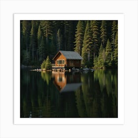 A Peaceful Lakeside Cabin Surrounded By Pine Trees And Reflecting In The Still Water Art Print