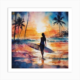 Surfer Girl At Sunset Art Print