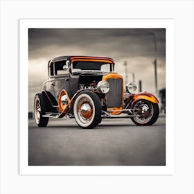 Vintage hot rod with custom flame paint job, captured in low key lighting with selective focus on the chrome details, classic car, retro, high resolution Art Print