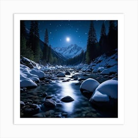 Moonlit Night Blankets A Snow Covered Mountain Forest Deep Valleys Cradling Large Boulders Small R Art Print