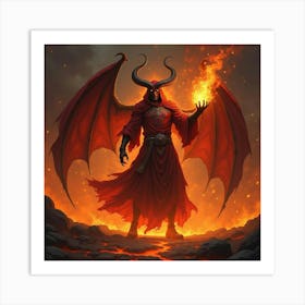 Demon Sorcerer Summoning Flames In Glowing Lava, Vibrant 1 Art Print