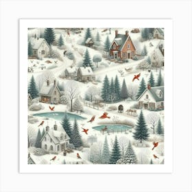 Winter Village Among The Lakes, And Red Birds Art Print