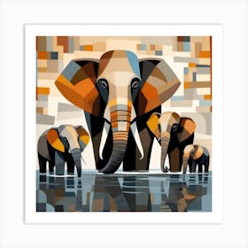 A Cubist Depiction Of A Family Of Elephants Gathered At A Watering Hole With Their Massive Bodies Art Print