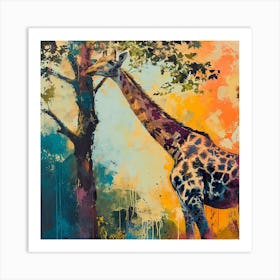 Giraffe Scratching Neck Against A Tree Brushstroke Inspired  1 Art Print