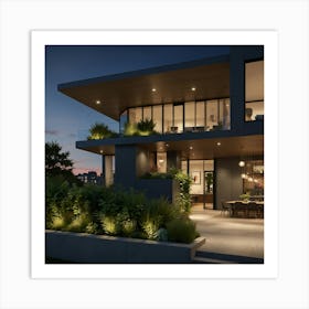 Modern House At Night Art Print