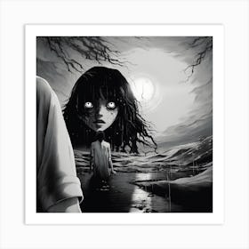 Girl In The Moonlight black and white manga Junji Ito style Art Print