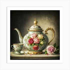 A very finely detailed Victorian style teapot with flowers, plants and roses in the center with a tea cup 11 Art Print