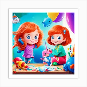 Two Girls Playing With Toys Art Print