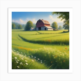 Red Barn In A Field Art Print