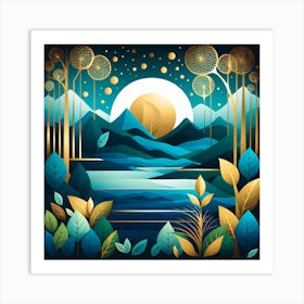 Abstract Landscape With Mountains And Trees, vector art Art Print