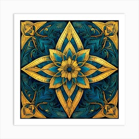 Intricate Geometric Pattern , Blue And Gold Flower Art Print