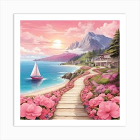 Pink Flowers On The Beach 3 Art Print