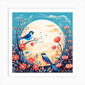 A Bright Toned Design With Flowers And Leaves Trees And Birds A Beautiful And Simple Picture Birds In The Garden Art Print